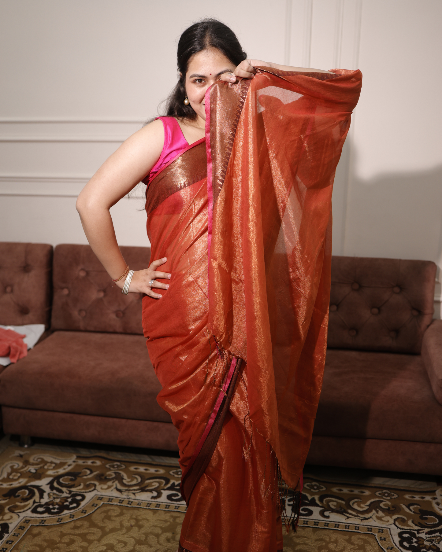 Amber Flame Mul Tissue Saree With Temple Border