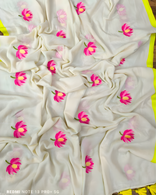 LOTUS EMBROIDERY MUL MUL COTTON SAREE
