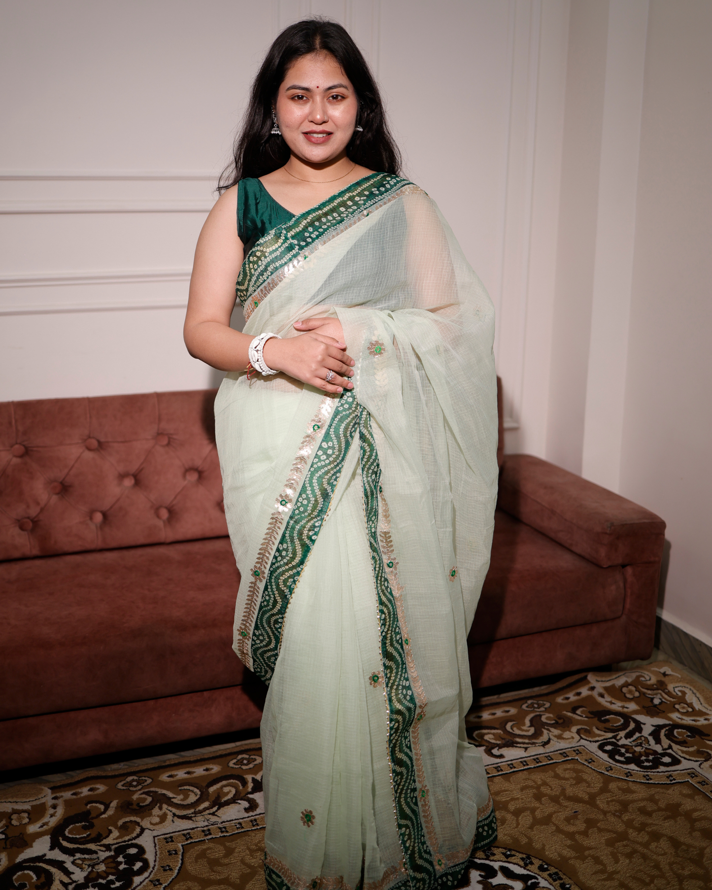 Pista Grace Kota Doria Saree With Bandhej Border