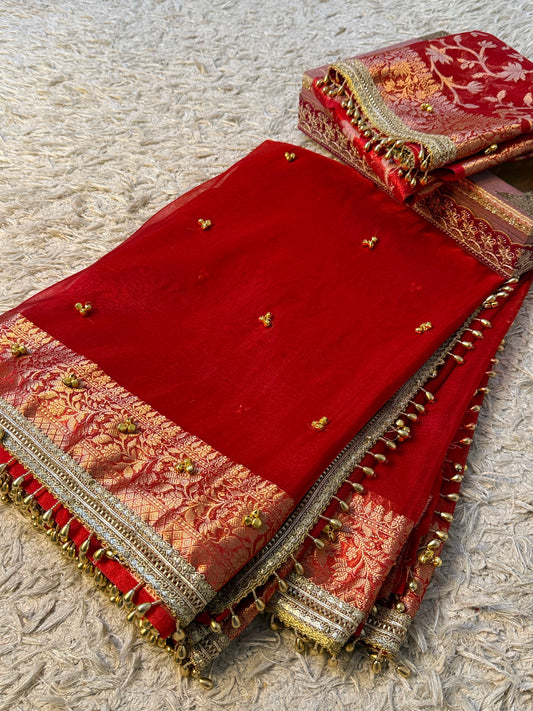 Banarasi Tissue Silk Saree with Zari Border & Ghungroo Lace – Viral Ghungroo Saree