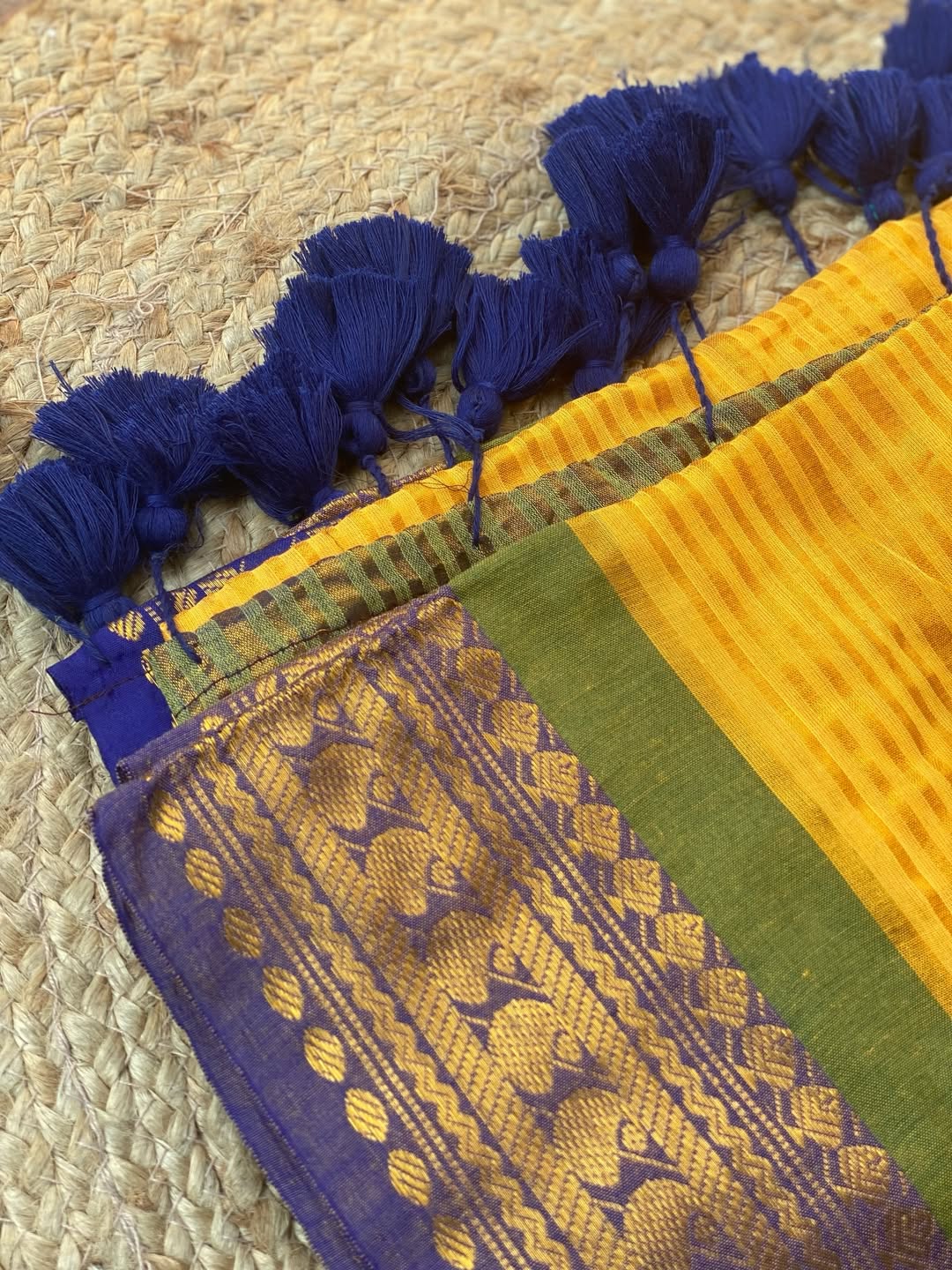 Yellow Mul Cotton Saree with Blue & Green Zari Border