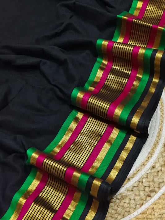 Black Mul Cotton Saree with Zari Striped Border