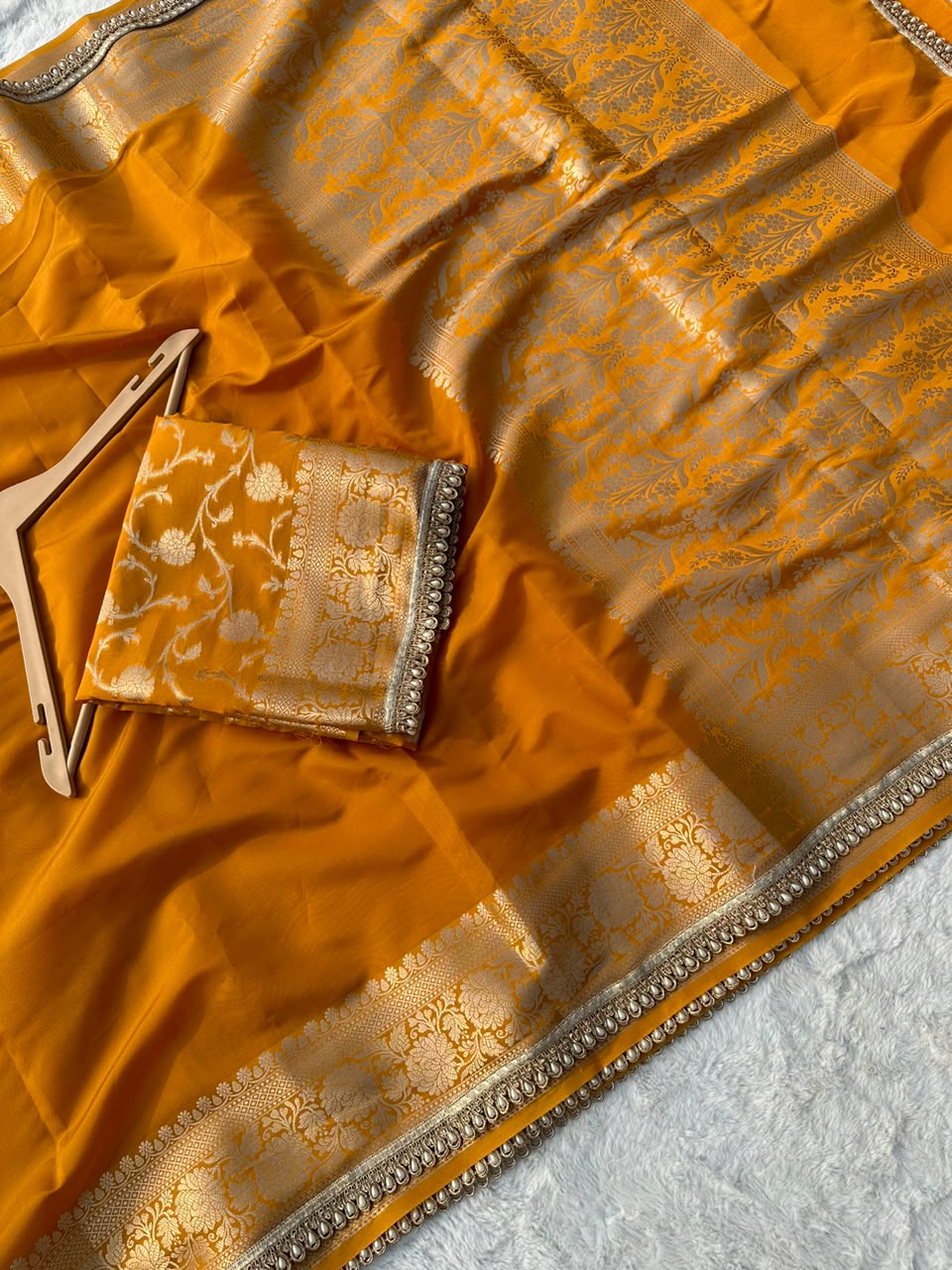 Premium Banarasi Silk Saree with Heavy Zari Border & Pearl Lace Work