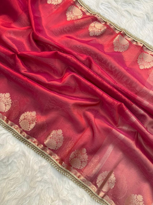 Coral Pink Banarasi Tissue Silk Saree With Handcrafted Pearl Lace