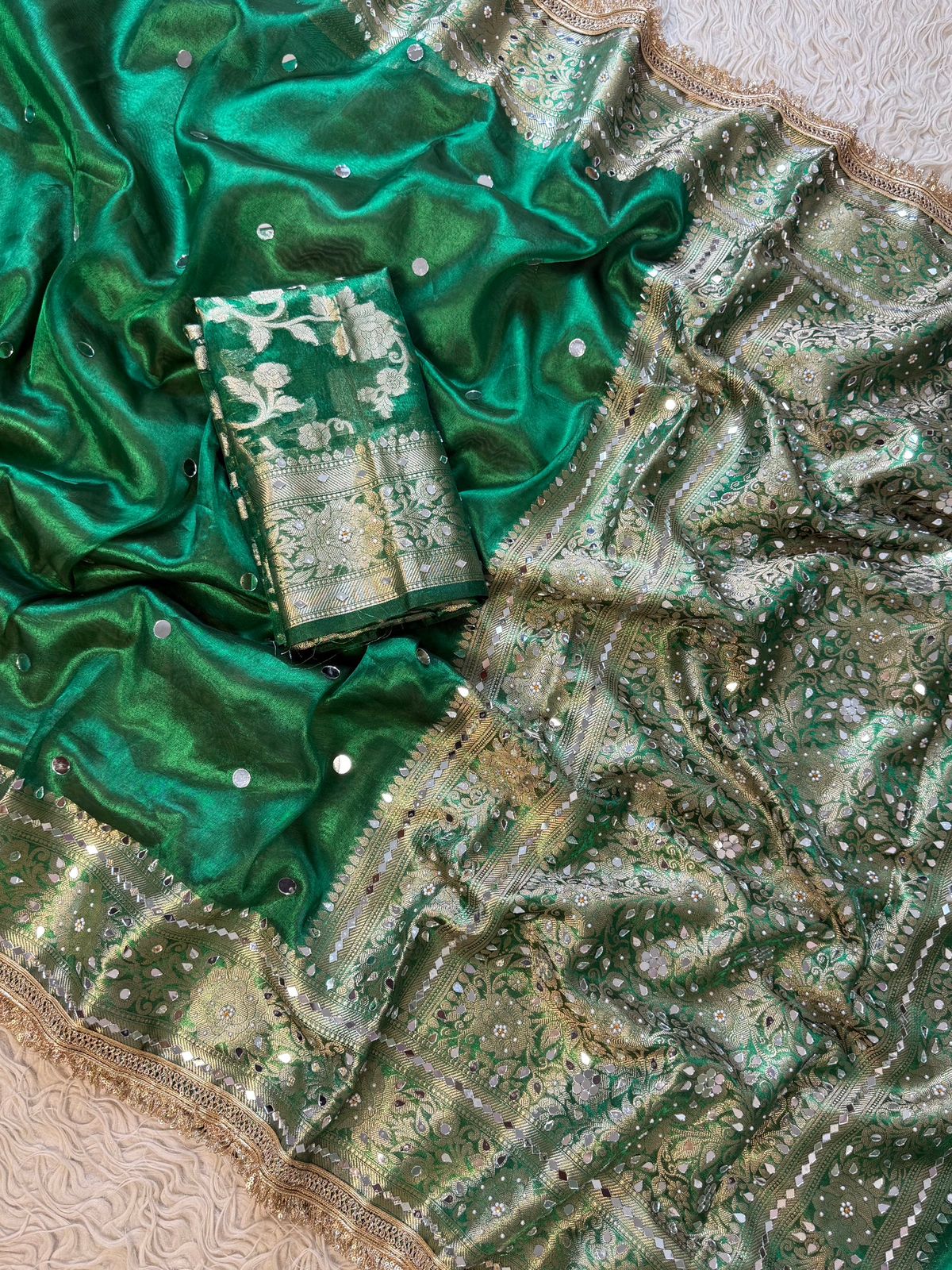 Green Banarasi Tissue Saree with Handcrafted Mirror Work