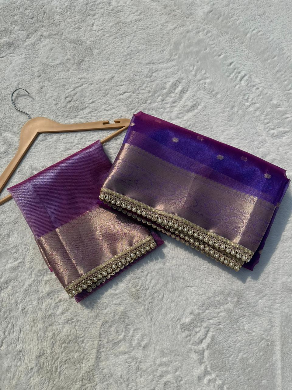 Banarasi Tissue Silk Saree With Pearl Lace Border