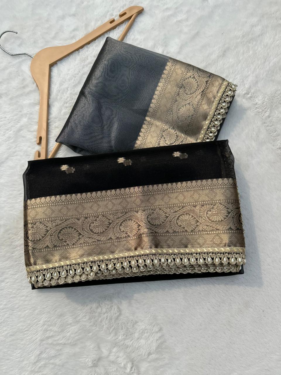 Black Banarasi Tissue Silk Saree With Pearl Lace Border