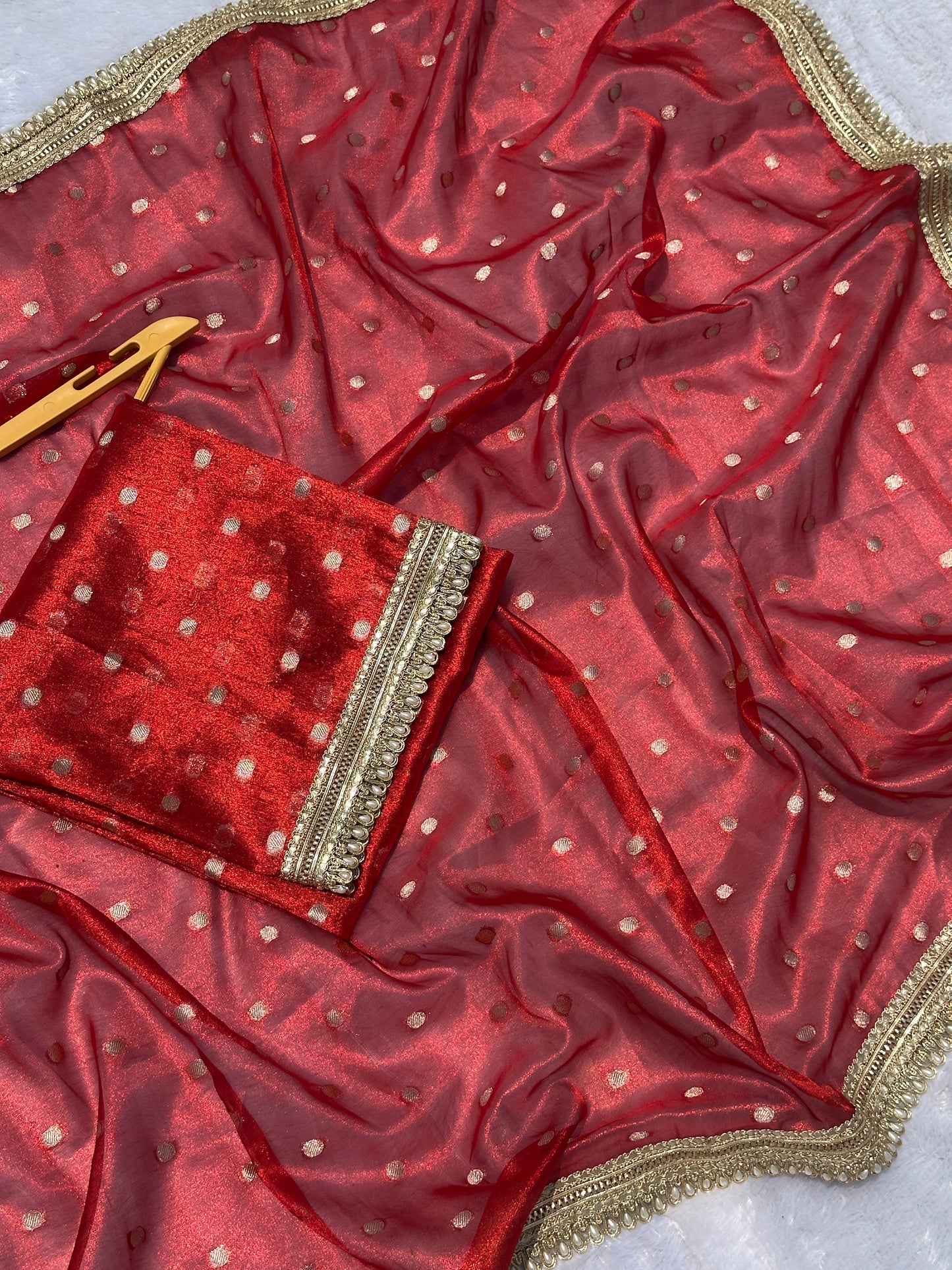 Ruby Red Banarasi Tissue Saree with Zari Buta Work And Pearl Lace