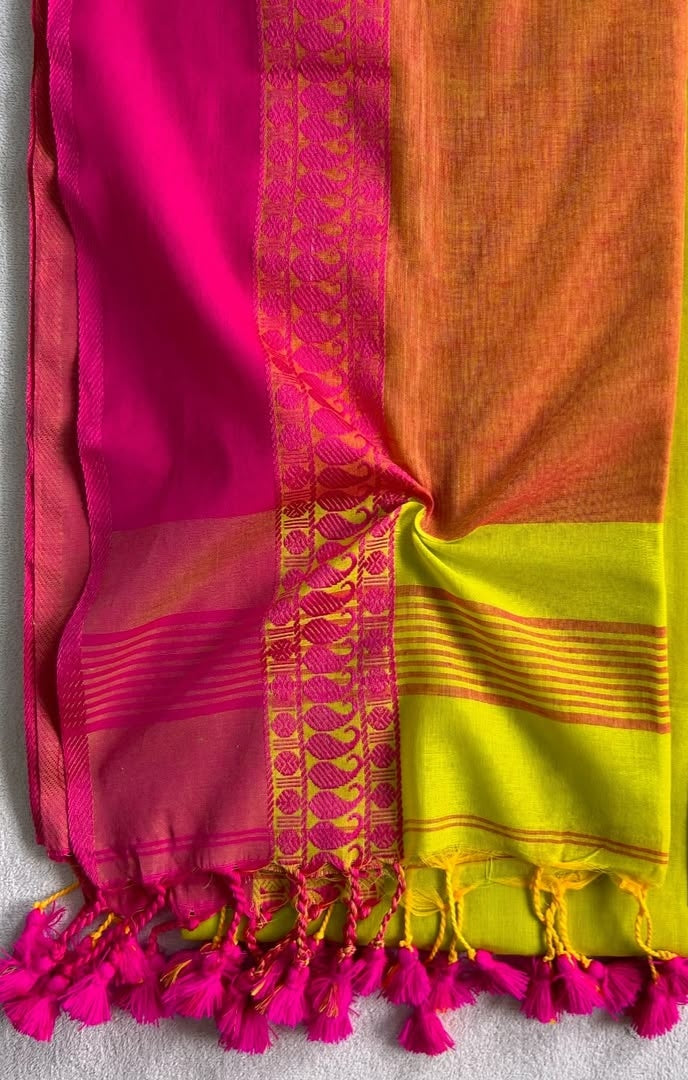 Light Green Cotton Saree with Pink Zari Border