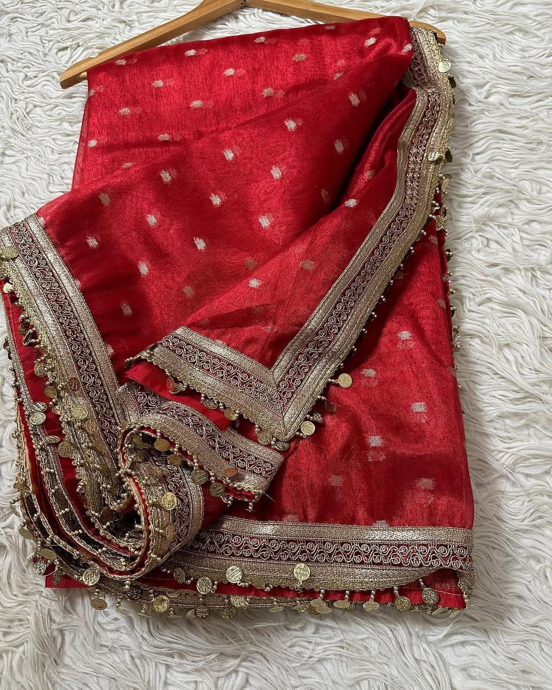 Royal Red Buta Tissue Silk Saree With Coin Lace Border