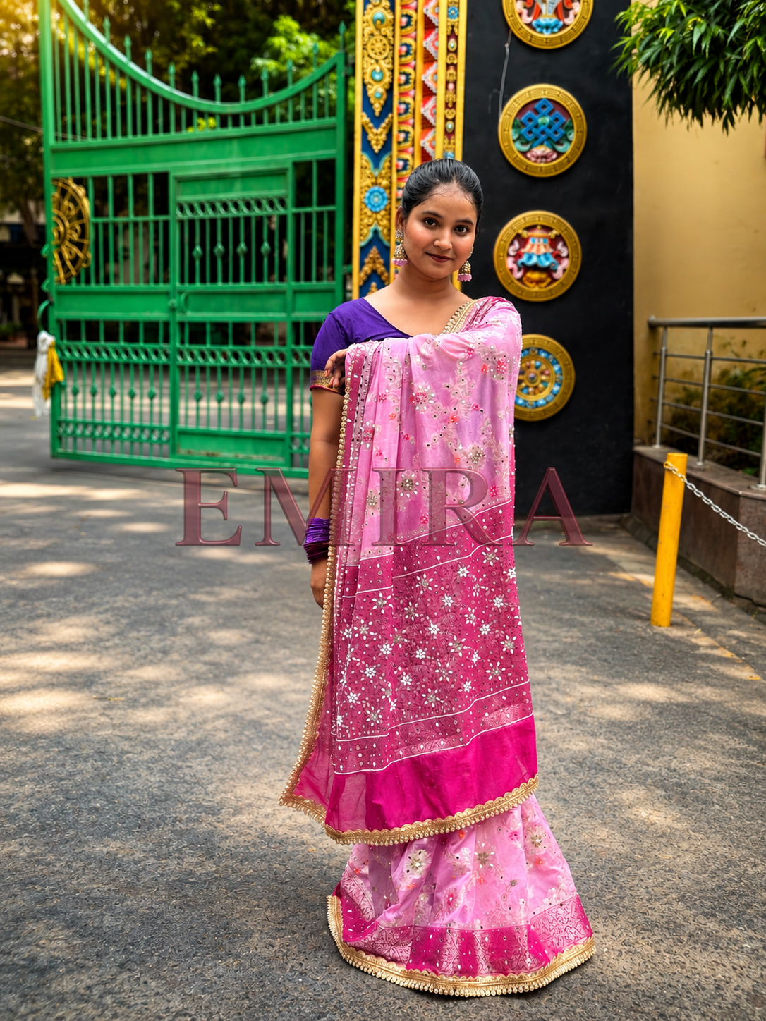 Baby Pink Banarasi Georgette Saree with Meenakari Jaal & Mirror Work