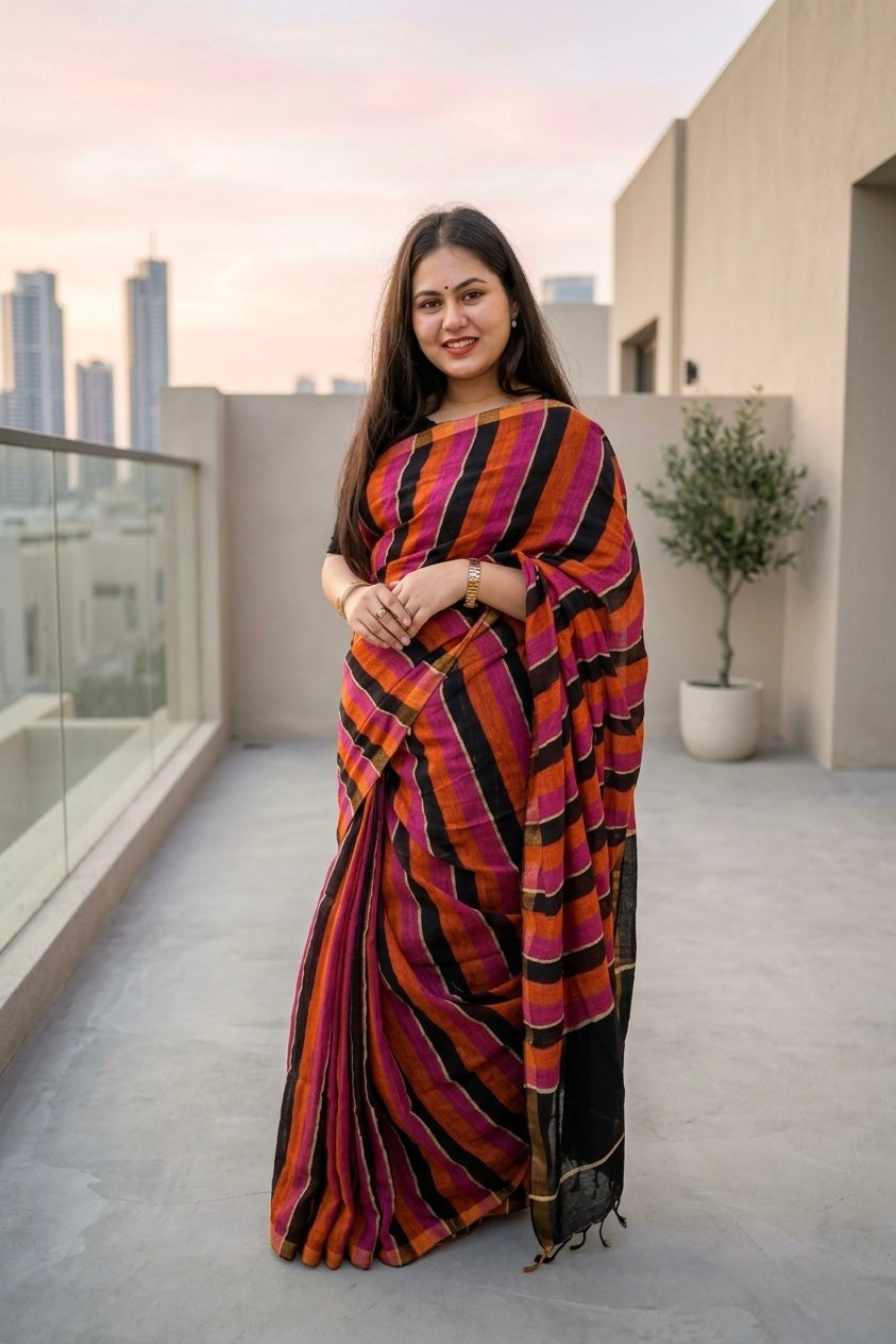 Multicolor Striped Linen Saree