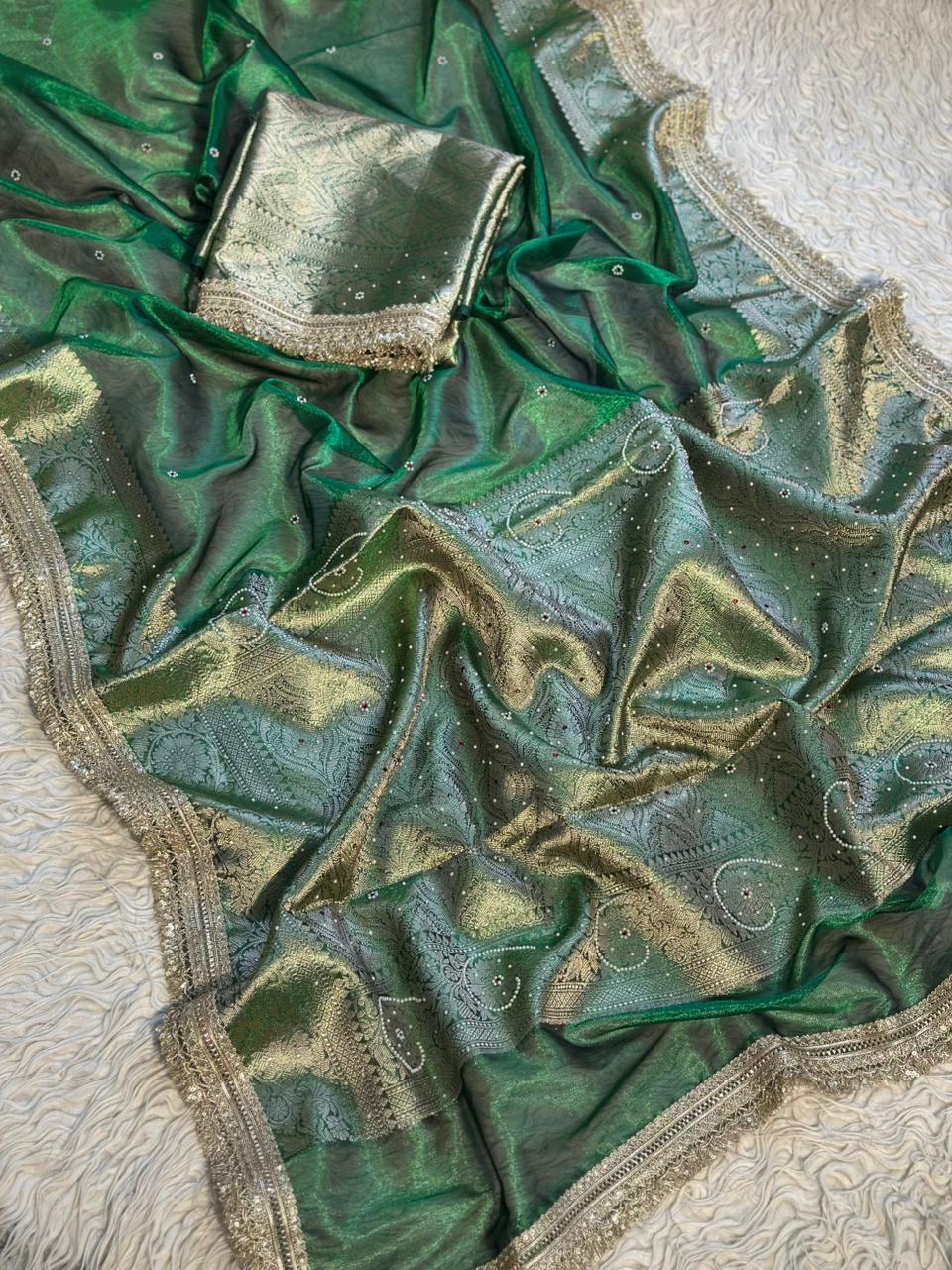 Green Banarasi Tissue Silk Saree with Hand Embroidered Moti Work & Heavy Lace Border