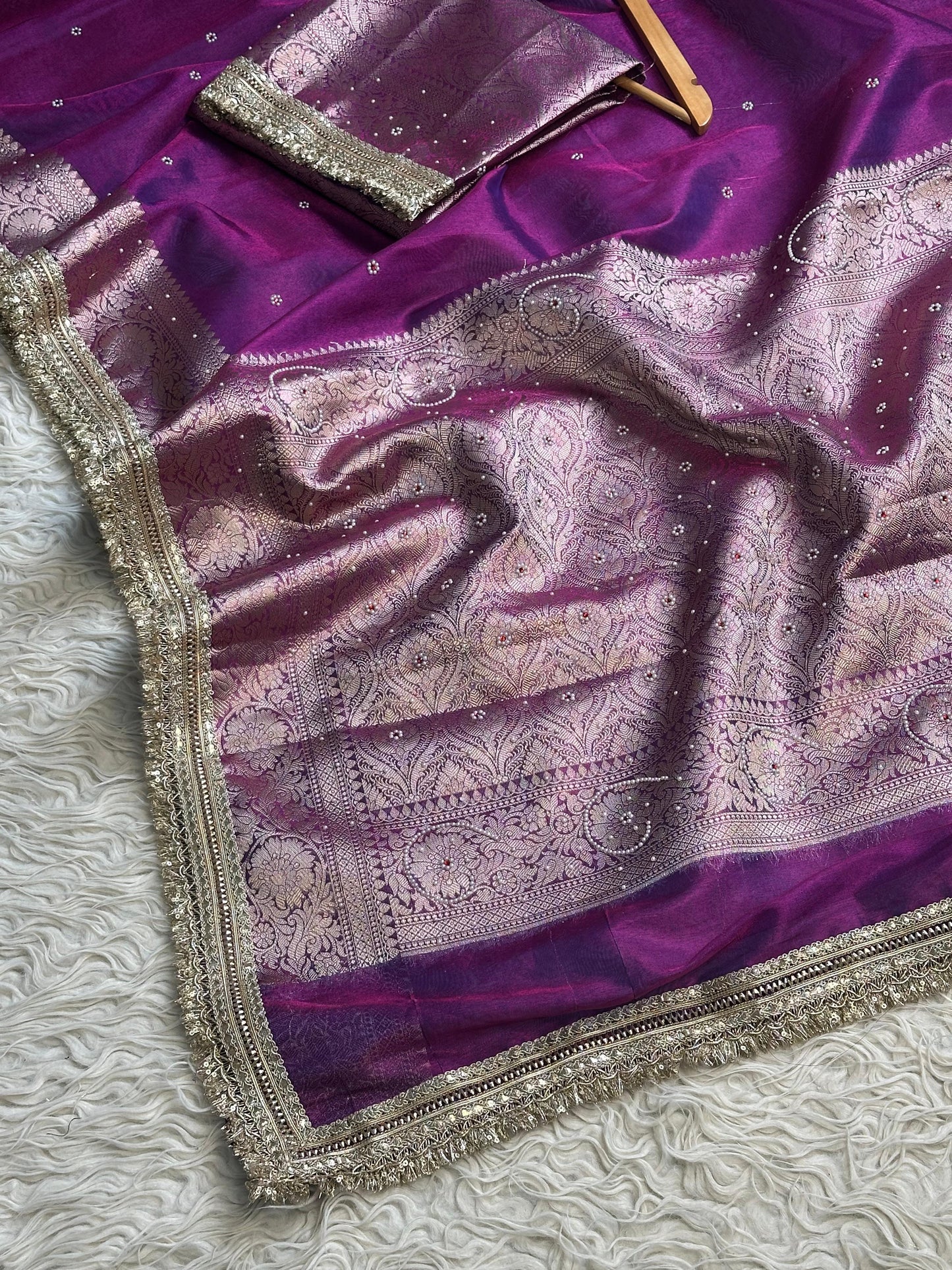 Banarasi Tissue Silk Saree with Hand Embroidered Moti Work & Heavy Lace Border