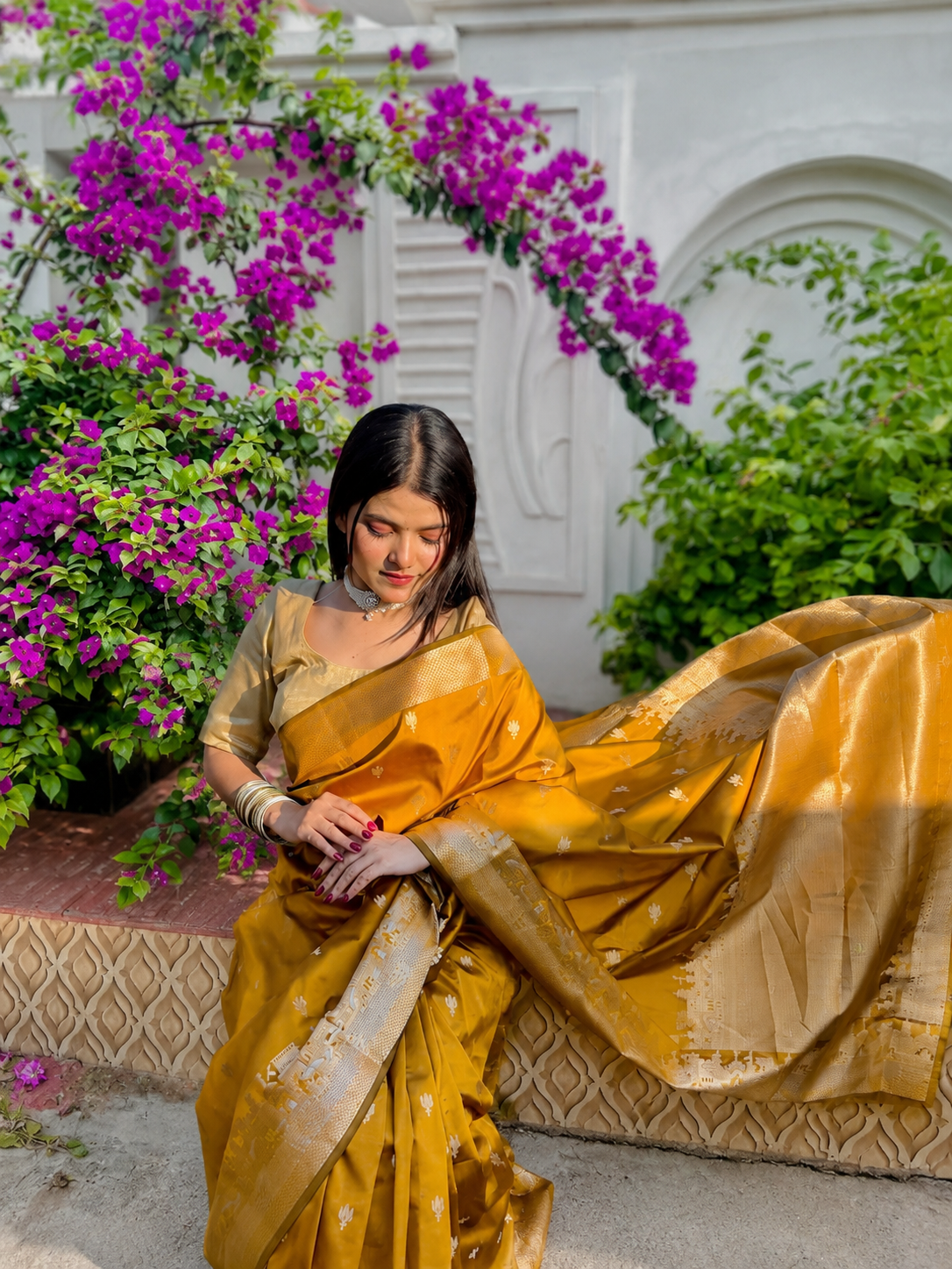 Golden Yellow Kashi Ghat Banarasi Silk Saree.