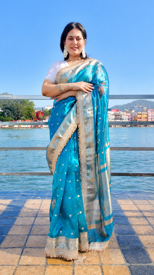 Banarasi Tissue Silk Saree with Gold Zari Buti & Heavy Lace Border