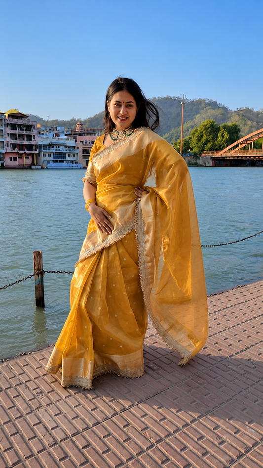 Golden Yellow Banarasi Tissue Silk Saree with Gold Zari Buti & Heavy Lace Border