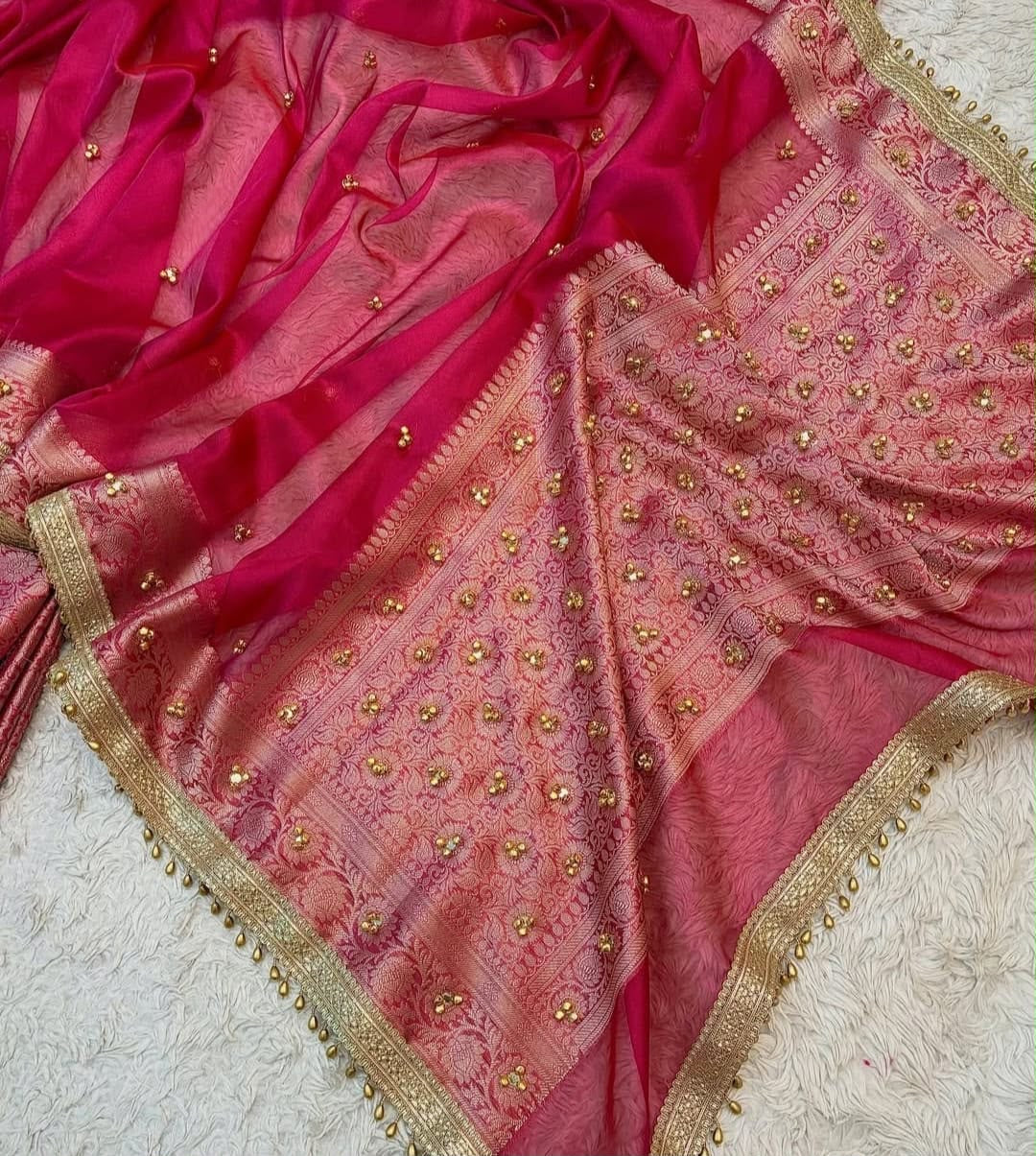 Banarasi Tissue Silk Saree with Zari Border & Ghungroo Lace – Viral Ghungroo Saree