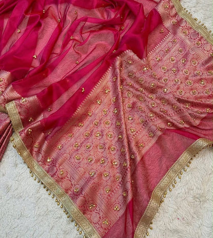 Banarasi Tissue Silk Saree with Zari Border & Ghungroo Lace – Viral Ghungroo Saree
