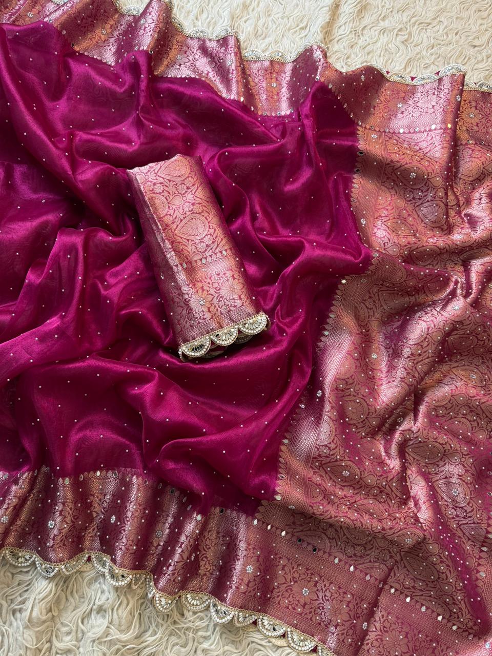 Brocade Swarovski Pankh lace Banarasi Tissue Silk Saree