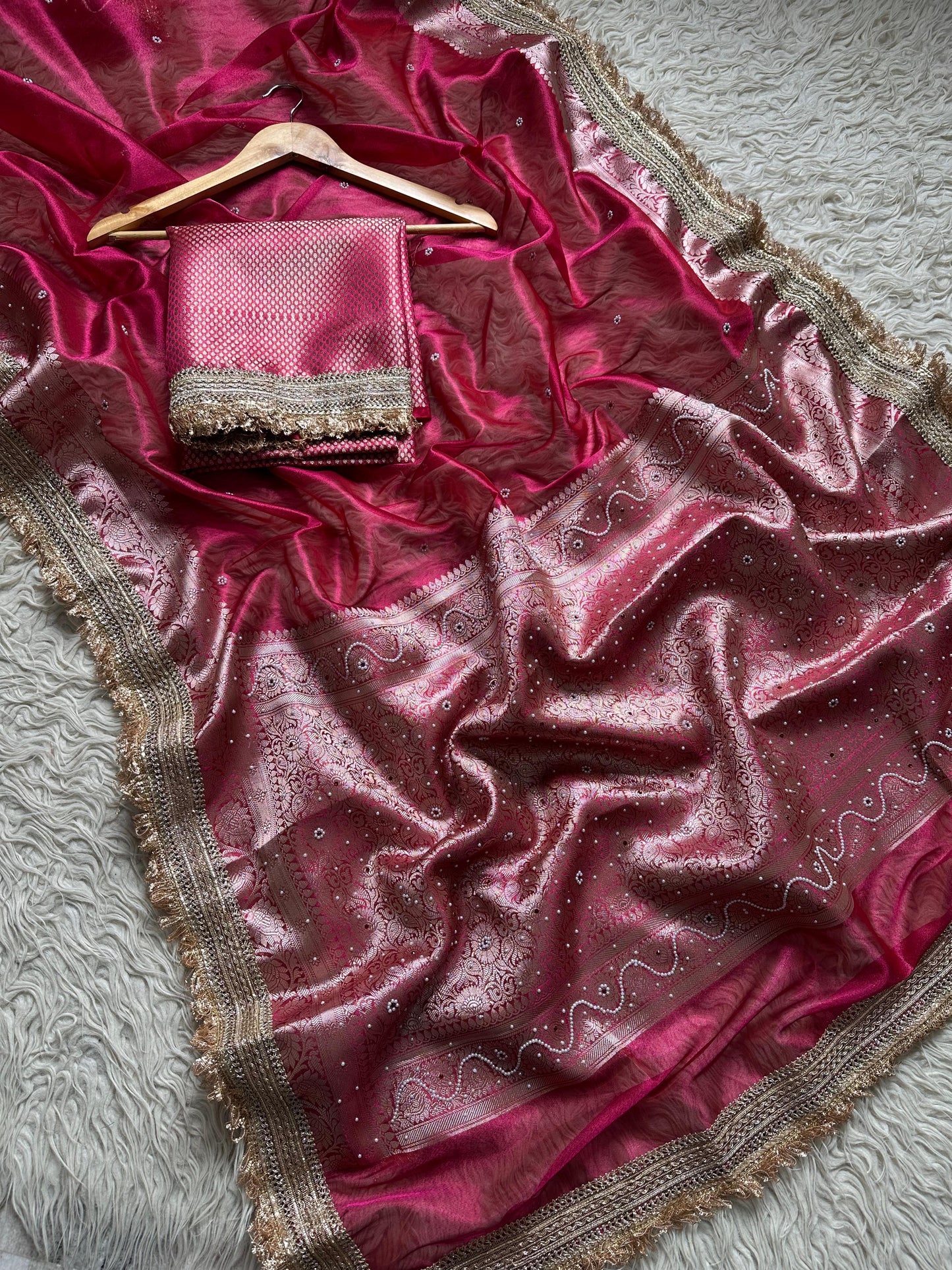 Pink Banarasi Tissue Silk Saree with Hand Embroidered Moti Work & Heavy Lace Border