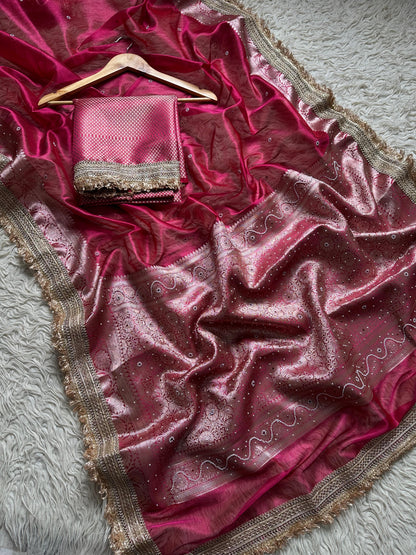 Pink Banarasi Tissue Silk Saree with Hand Embroidered Moti Work & Heavy Lace Border