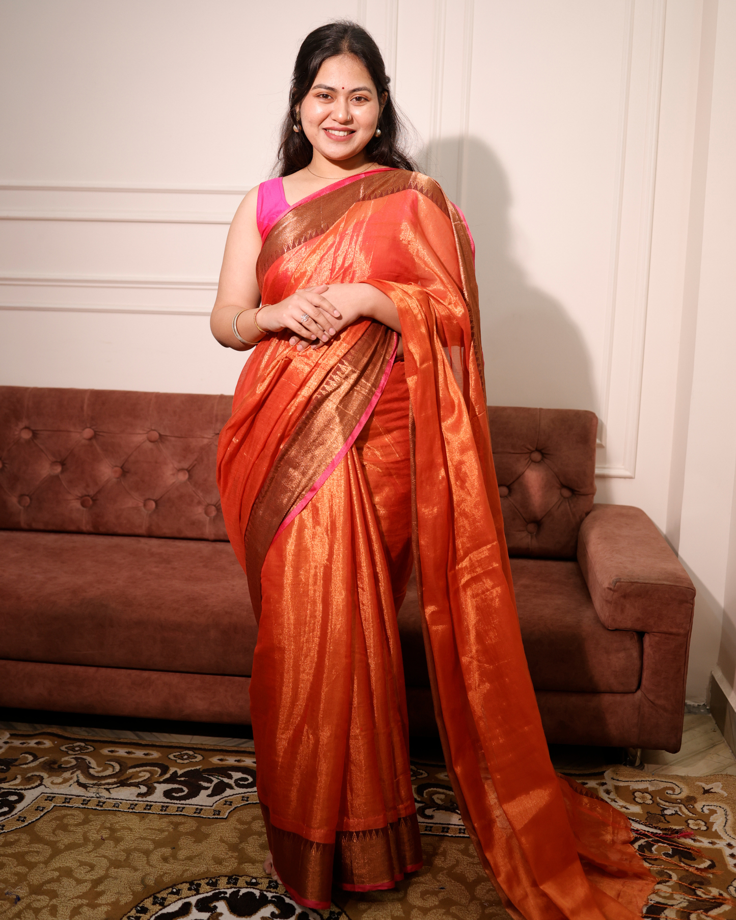 Amber Flame  Mul Tissue Saree With Temple Border
