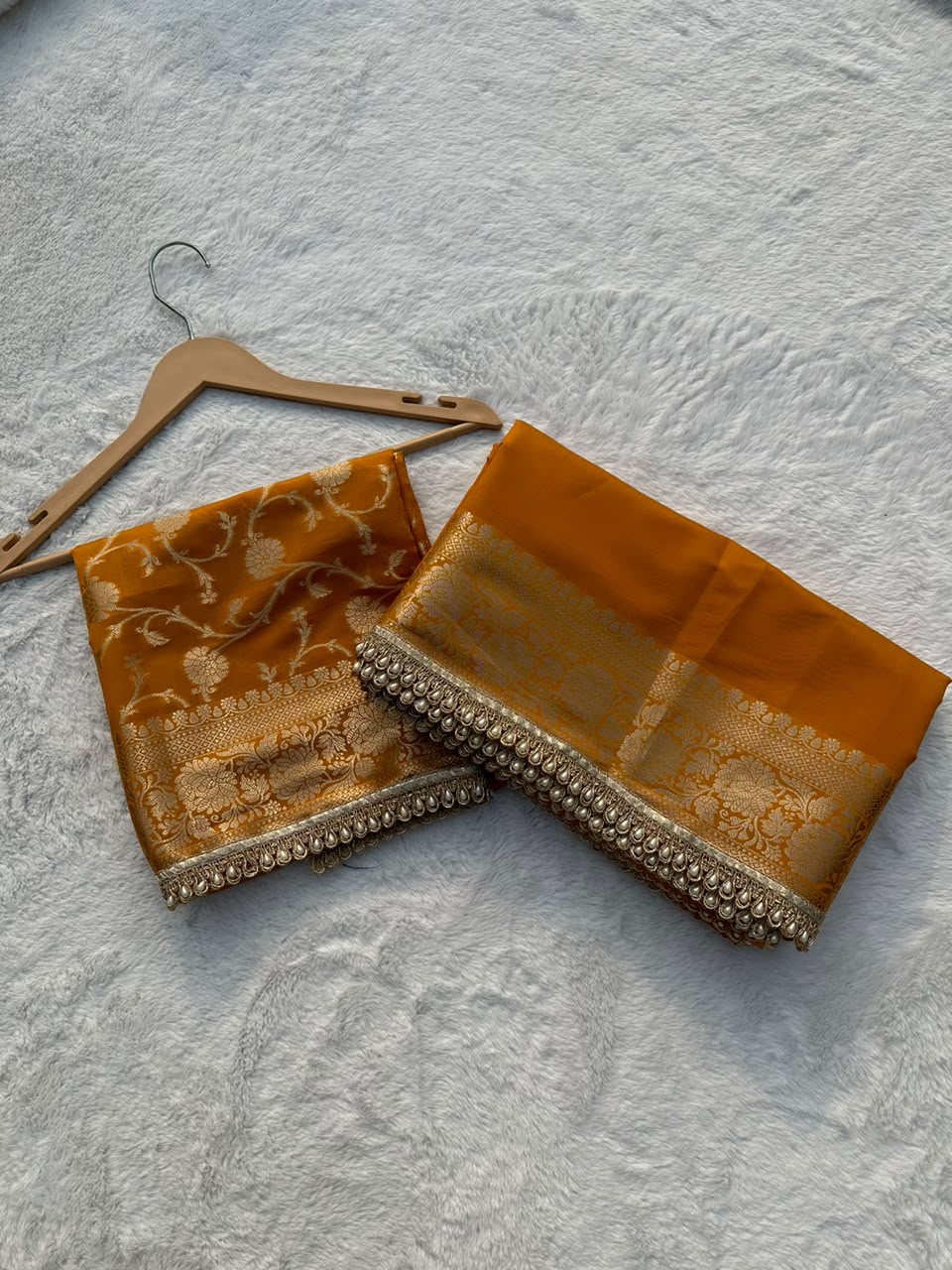 Premium Banarasi Silk Saree with Heavy Zari Border & Pearl Lace Work