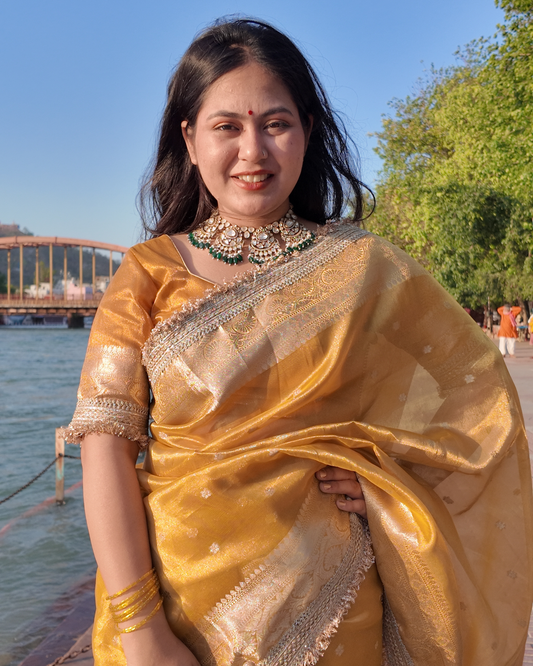 Golden Yellow Banarasi Tissue Silk Saree with Gold Zari Buti & Heavy Lace Border