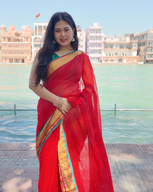 Scarlet Red Pure Mul Cotton Saree with Gold Zari Border & Teal Green Contrast Trim