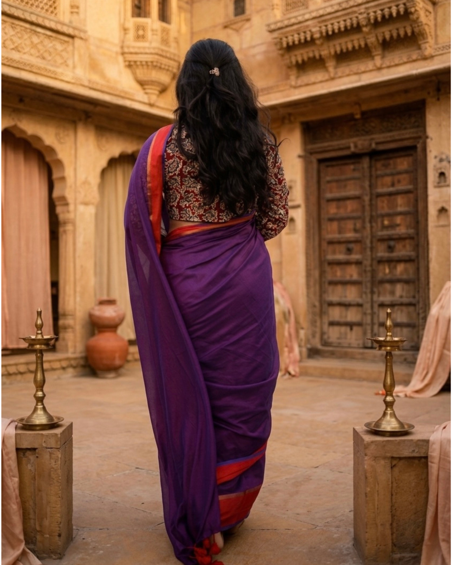 Deep Violet Saree with Bold Red Contrast Border