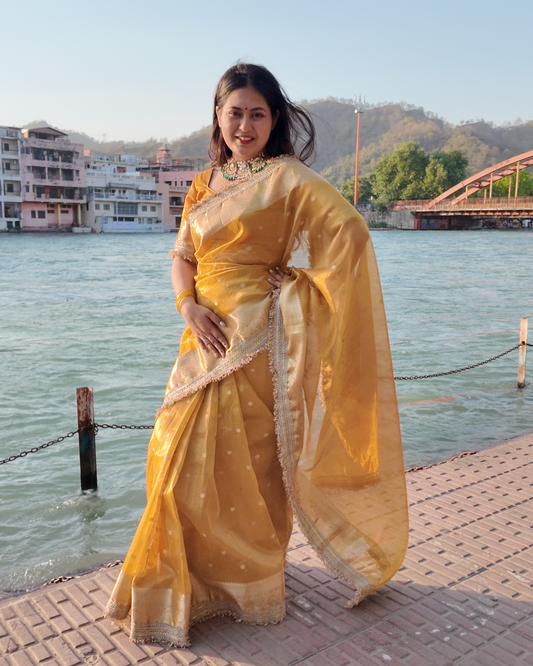 Golden Yellow Banarasi Tissue Silk Saree with Gold Zari Buti & Heavy Lace Border