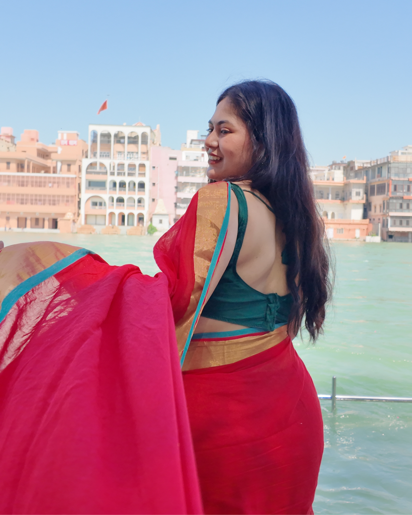 Scarlet Red Pure Mul Cotton Saree with Gold Zari Border & Teal Green Contrast Trim