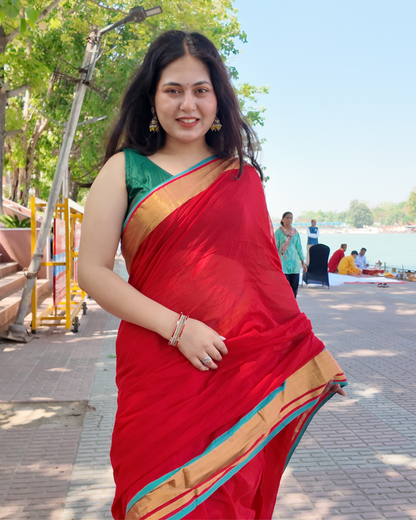 Scarlet Red Pure Mul Cotton Saree with Gold Zari Border & Teal Green Contrast Trim