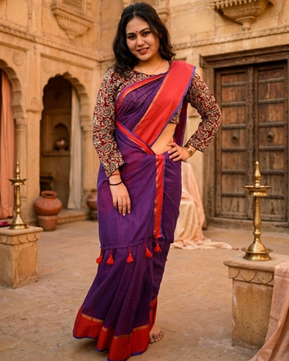 Deep Violet Saree with Bold Red Contrast Border
