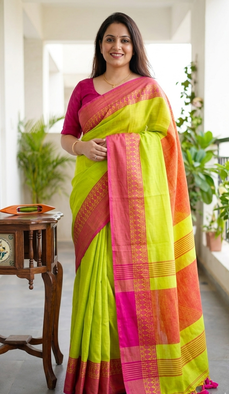 Light Green Cotton Saree with Pink Zari Border
