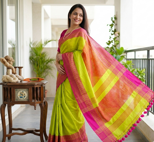 Light Green Cotton Saree with Pink Zari Border