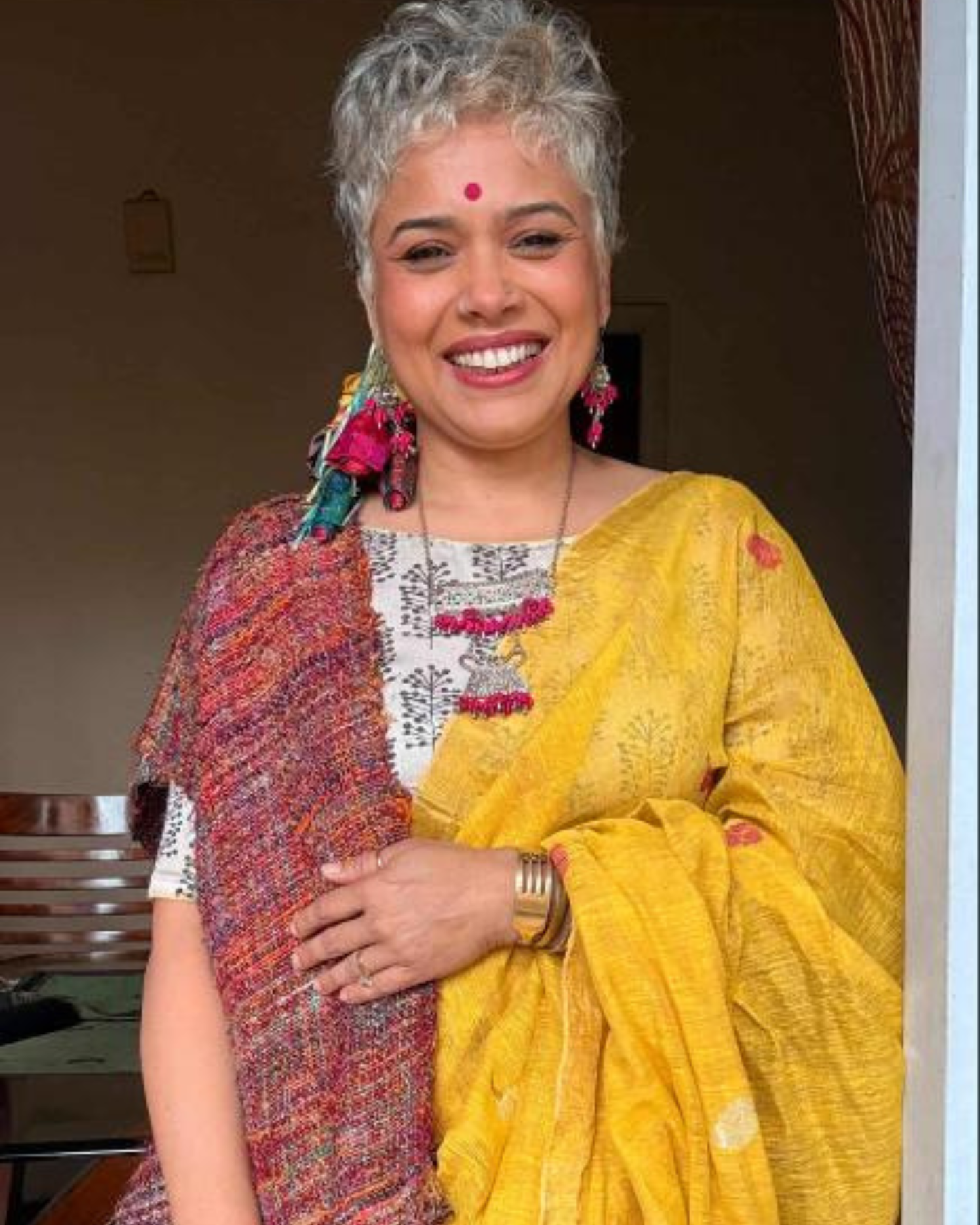 Mustard Yellow Handwoven Linen Jamdani Saree with Red Lotus Buti