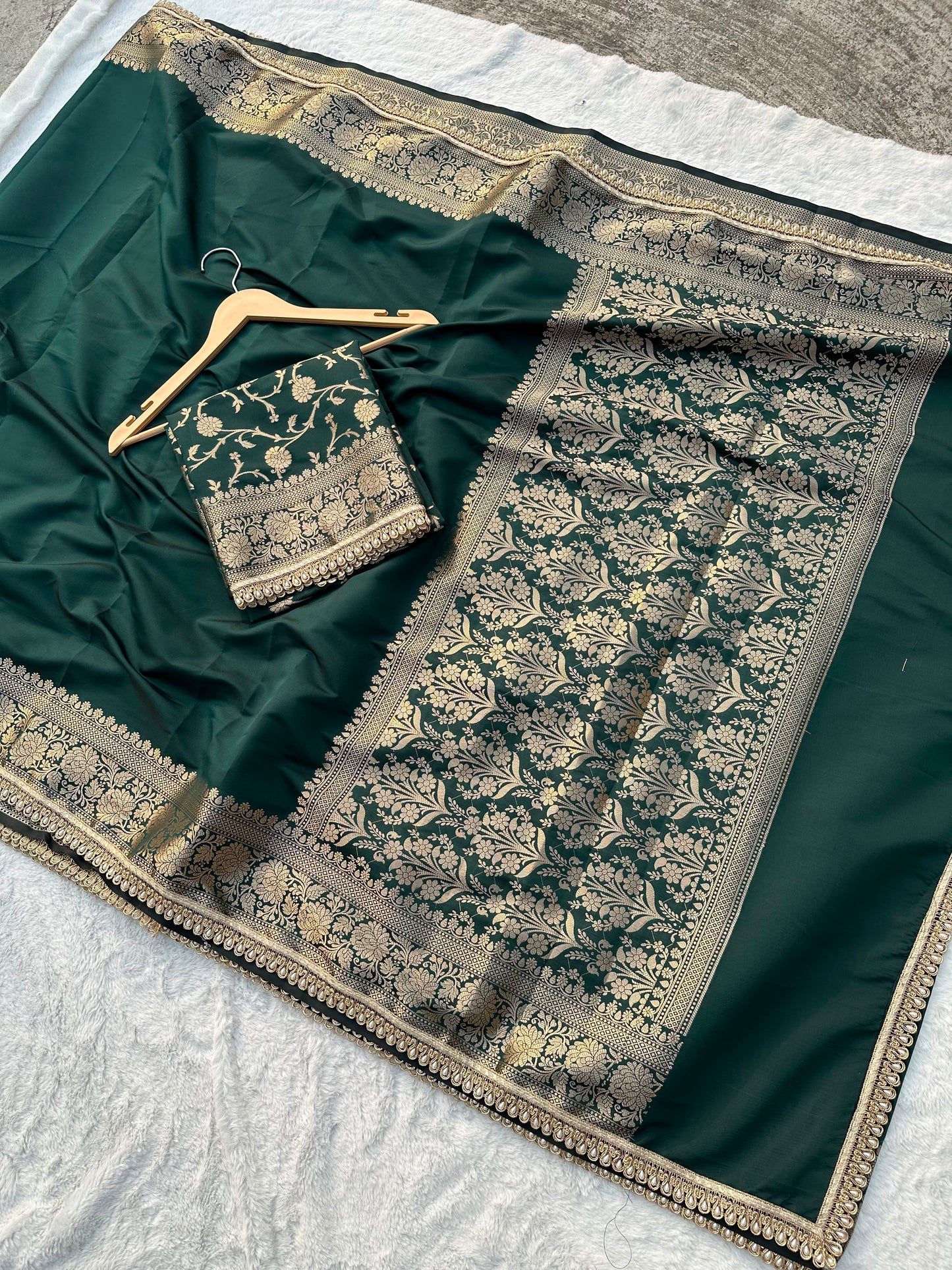 Premium Banarasi Silk Saree with Heavy Zari Border & Pearl Lace Work