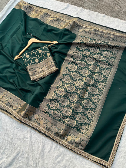 Premium Banarasi Silk Saree with Heavy Zari Border & Pearl Lace Work