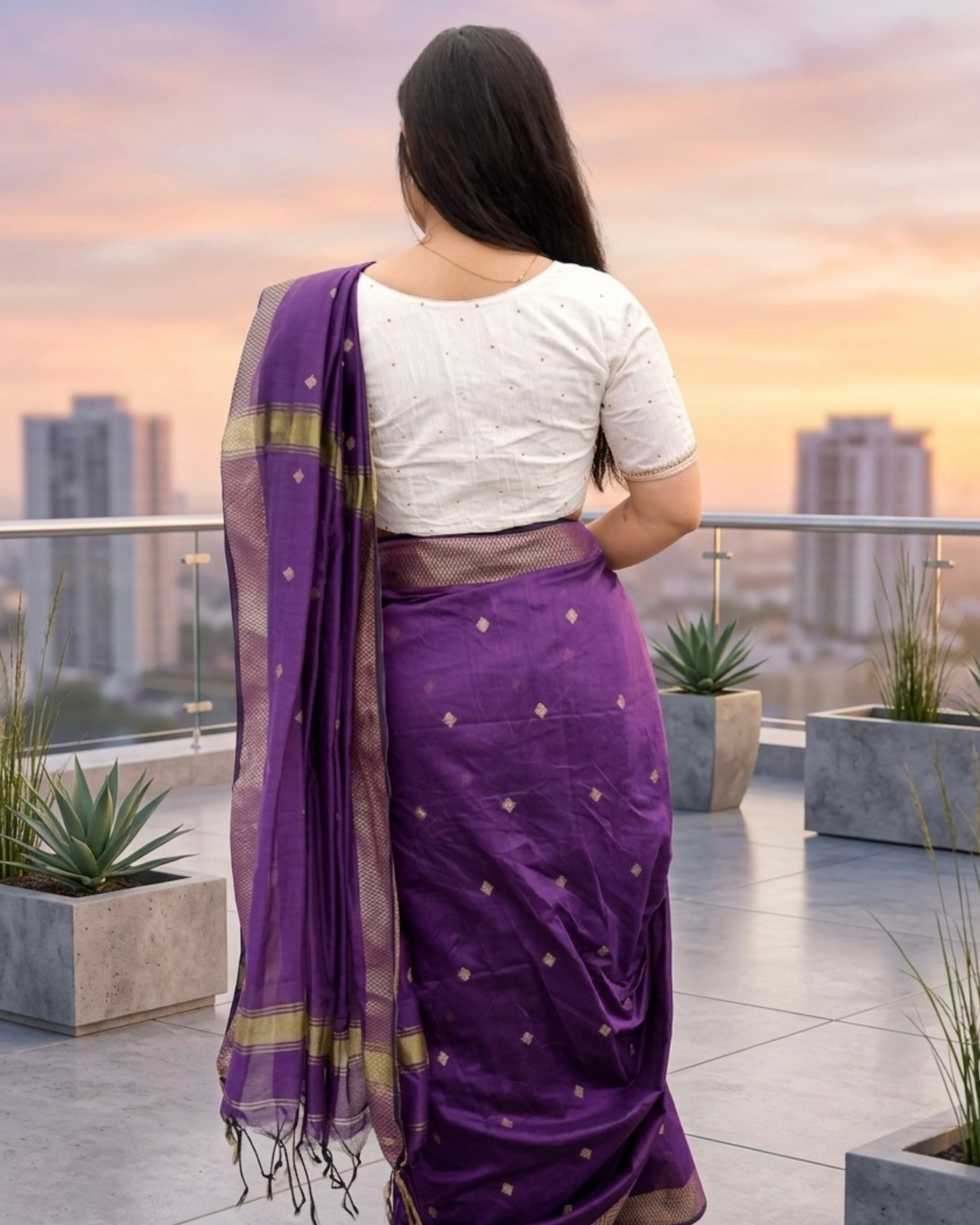 Royal Purple Maheshwari Silk Cotton Saree with Zari Border & Gold Buti Work