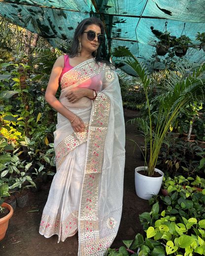 Kota Doria Zari Check Saree with Heavy Gota Patti Meena Work