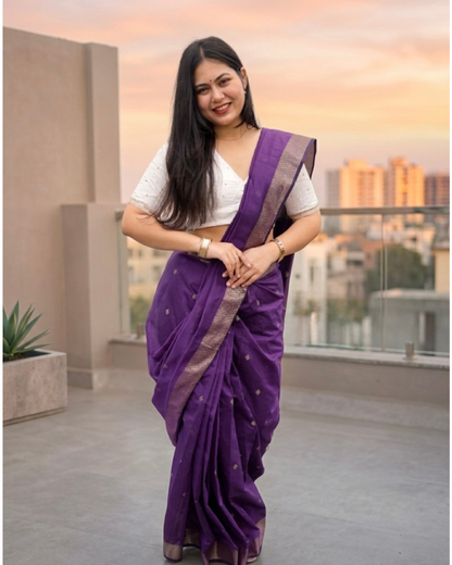 Royal Purple Maheshwari Silk Cotton Saree with Zari Border & Gold Buti Work