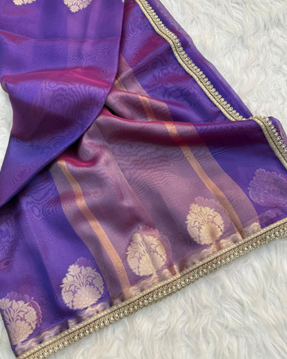 Dual Tone Violet Banarasi Tissue Silk Saree With Handcrafted Pearl Lace