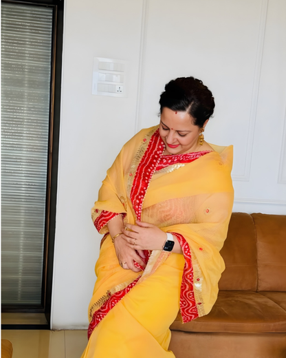 Mango Yellow Kota Doria Saree with Red Bandhej Border & Gotta patti Work