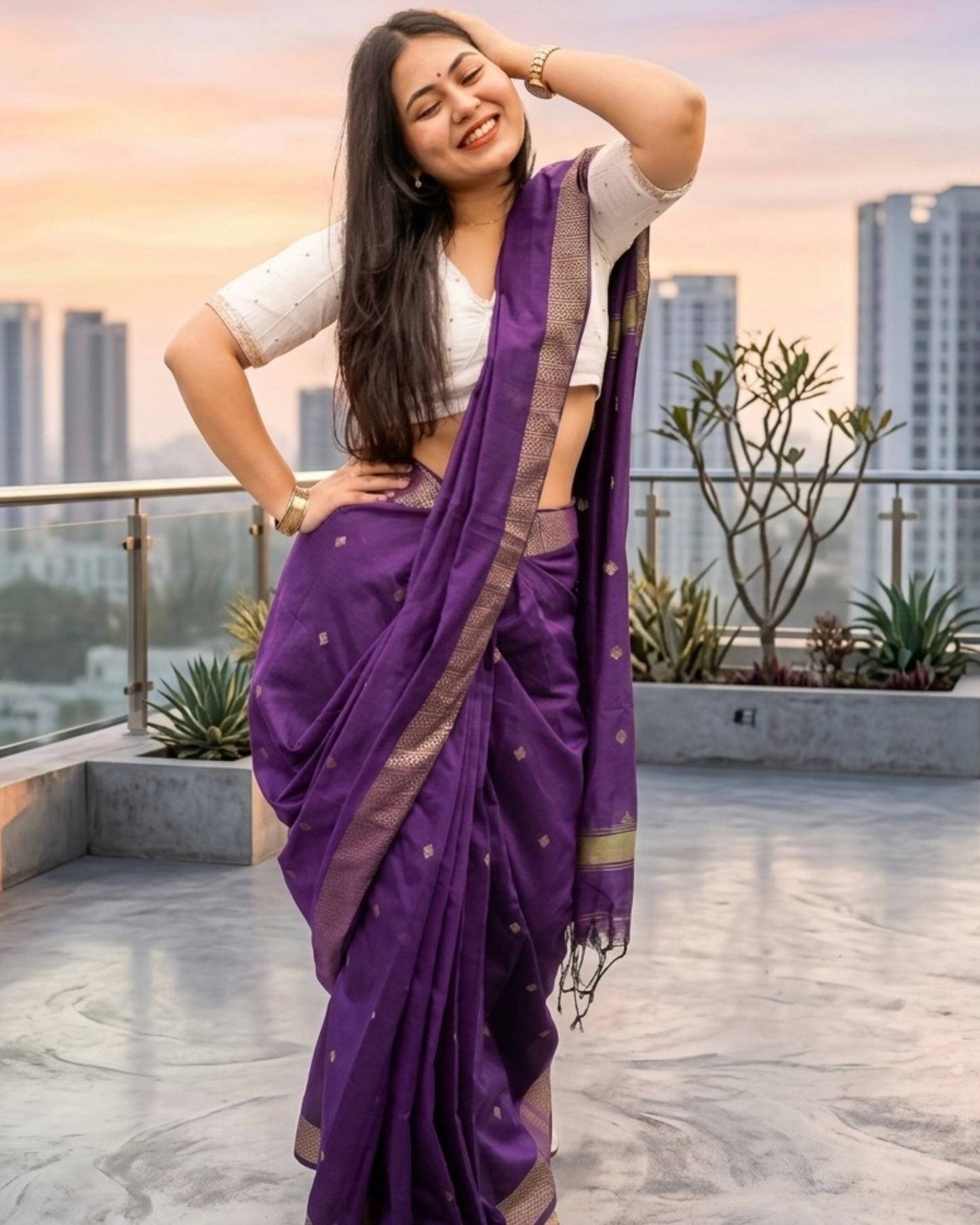 Royal Purple Maheshwari Silk Cotton Saree with Zari Border & Gold Buti Work