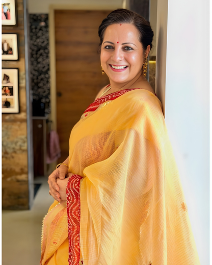 Mango Yellow Kota Doria Saree with Red Bandhej Border & Gotta patti Work