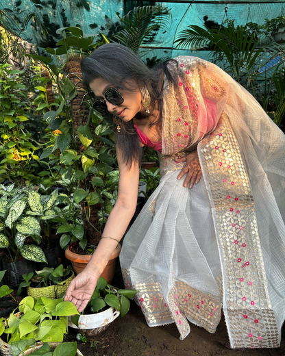 Kota Doria Zari Check Saree with Heavy Gota Patti Meena Work