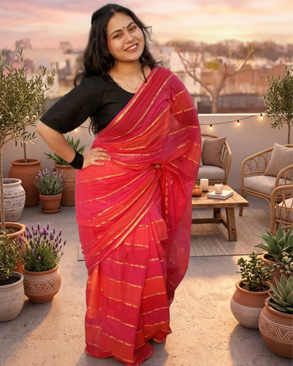 Coral Pink Pure Mul Cotton Saree with Gold Zari Stripes