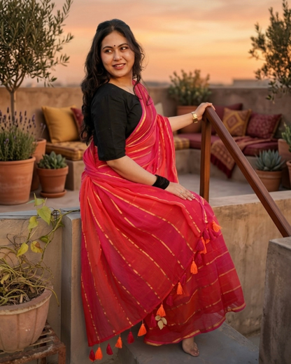 Coral Pink Pure Mul Cotton Saree with Gold Zari Stripes